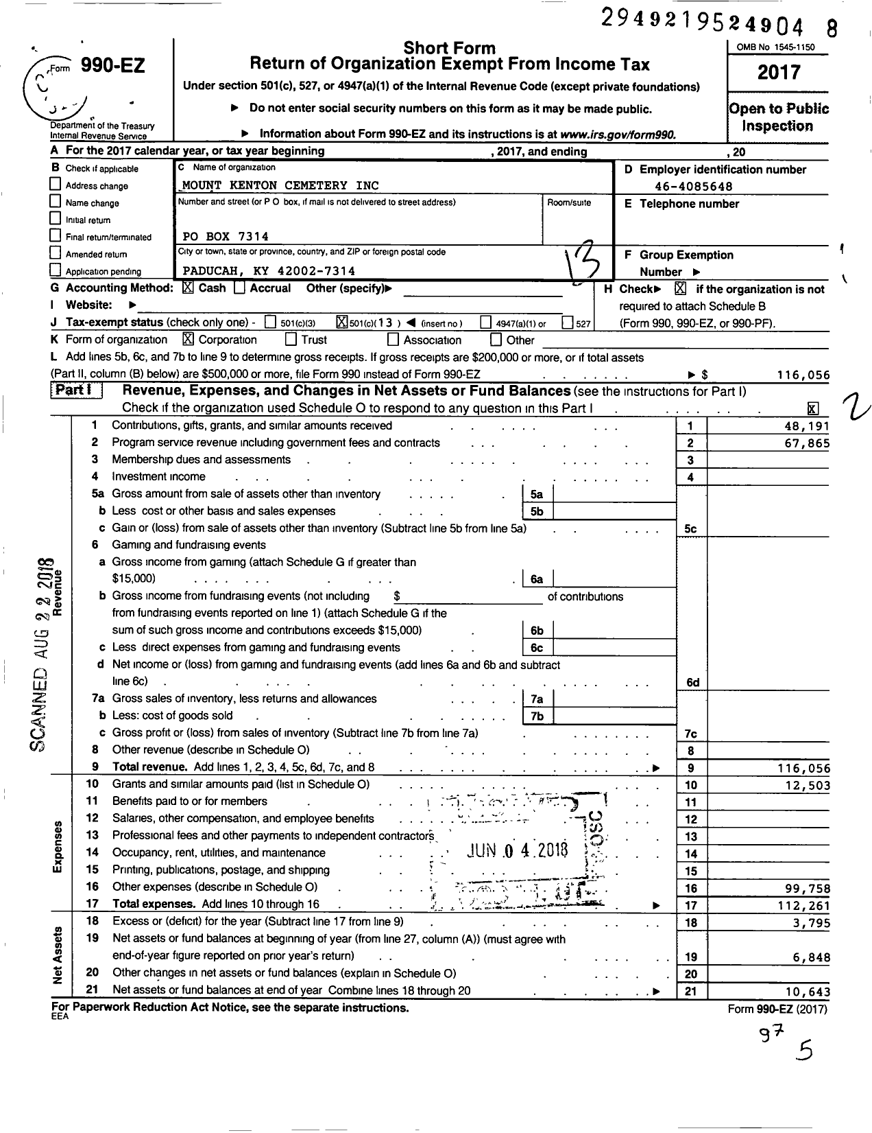 Image of first page of 2017 Form 990EO for Mount Kenton Cemetery