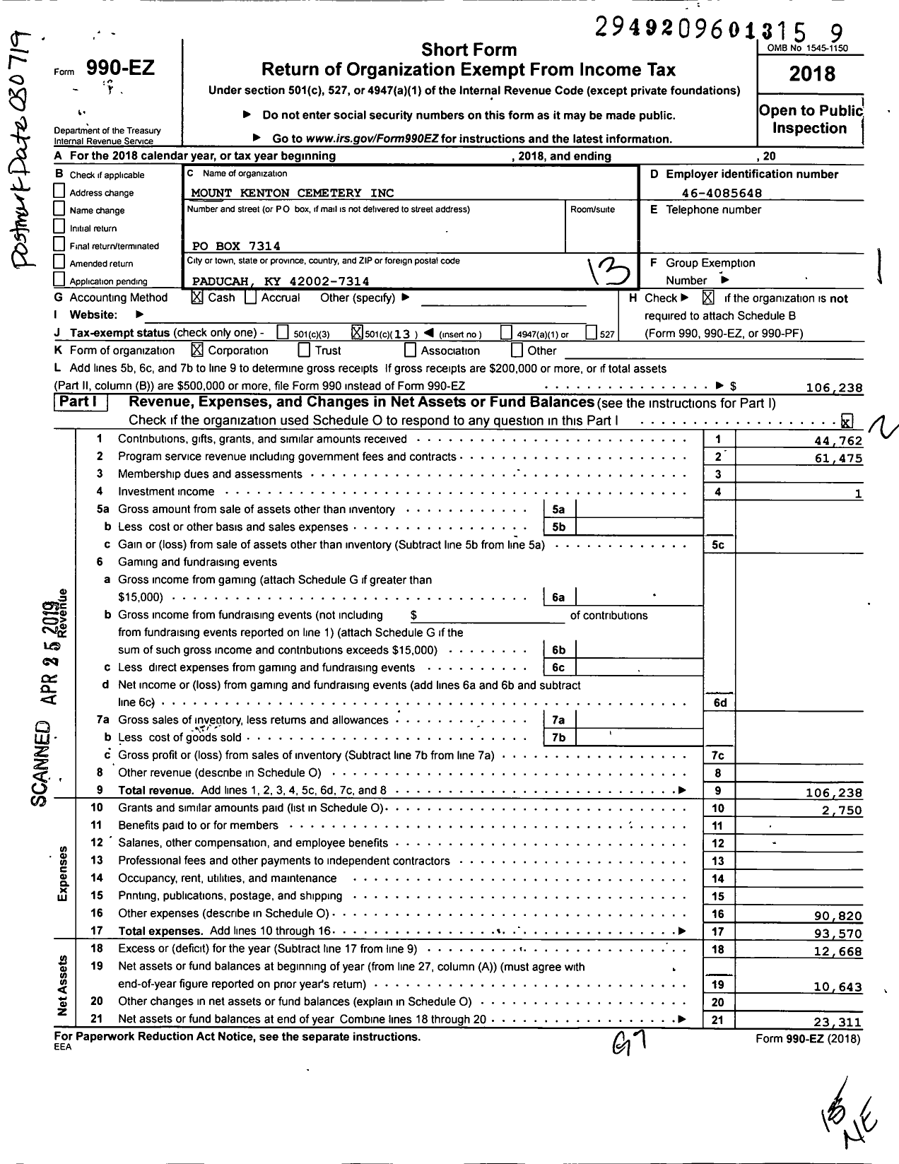 Image of first page of 2018 Form 990EO for Mount Kenton Cemetery