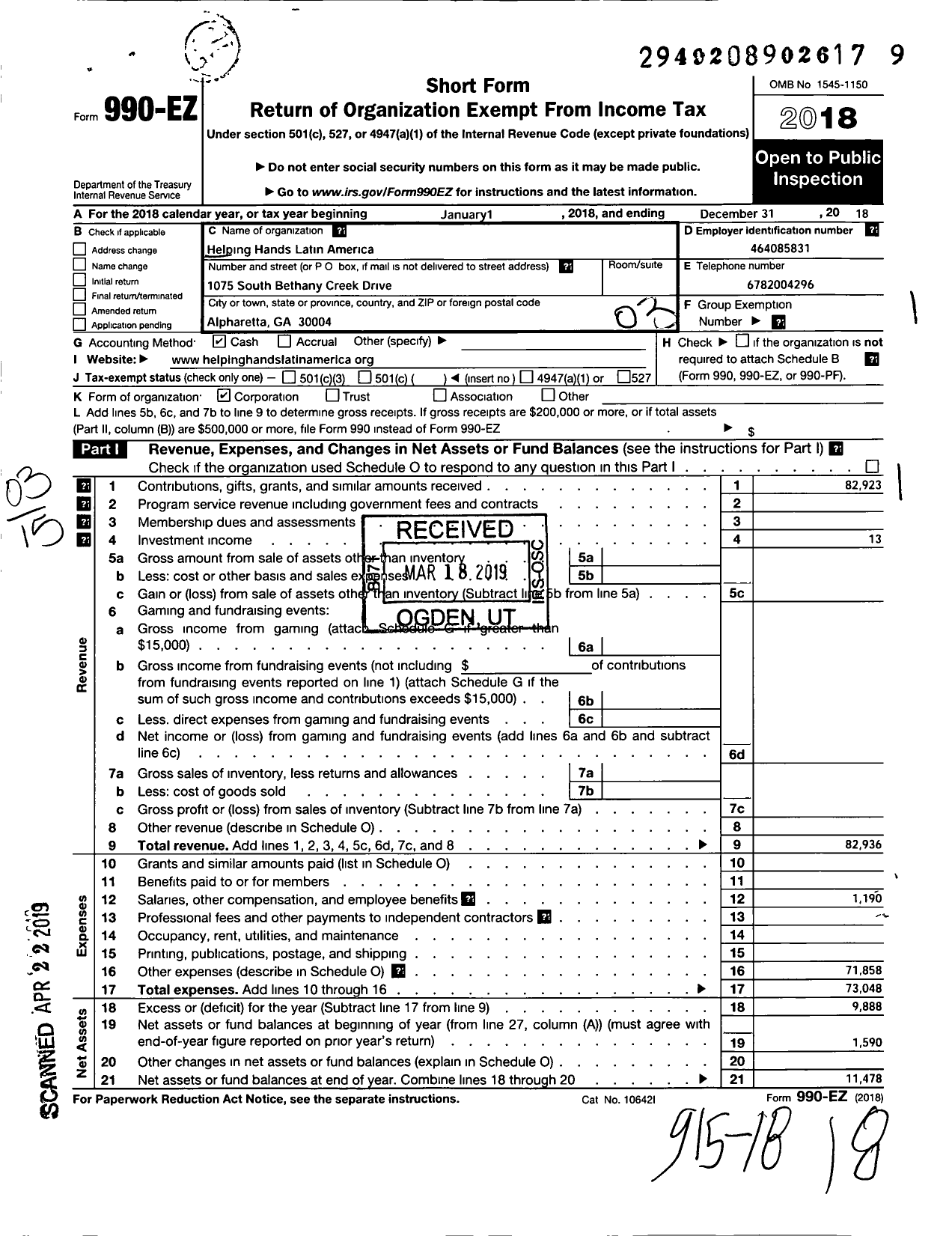 Image of first page of 2018 Form 990EZ for Helping Hands Latin America