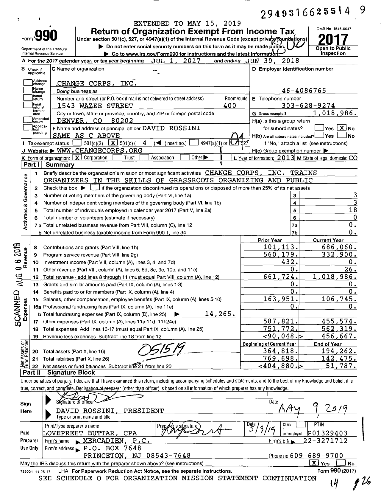 Image of first page of 2017 Form 990O for Change Corps