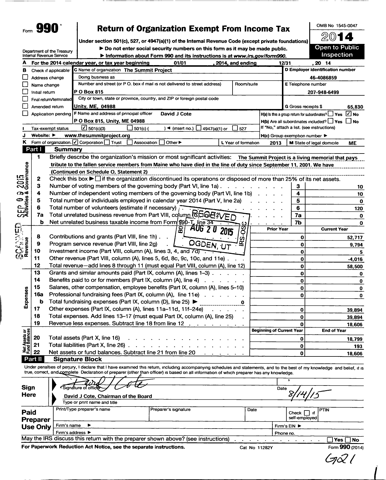 Image of first page of 2014 Form 990 for The Summit Project