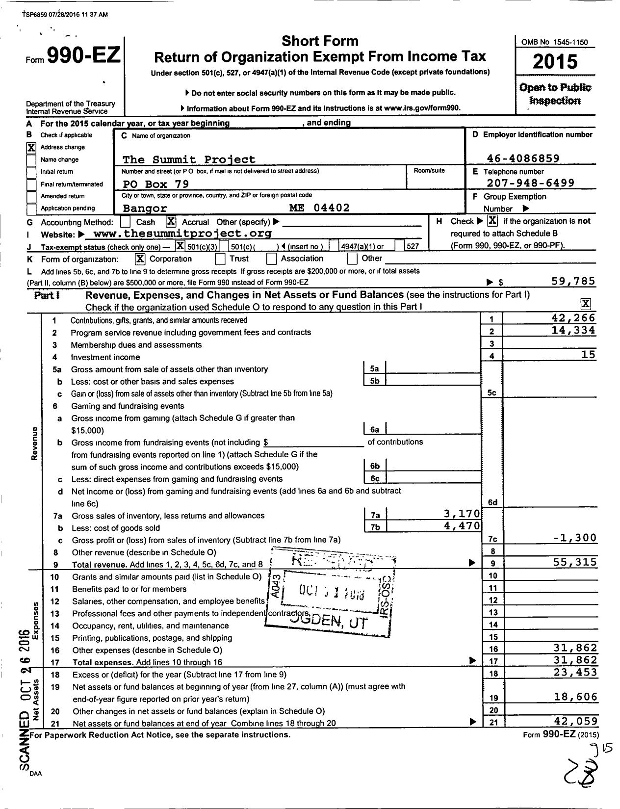 Image of first page of 2015 Form 990EZ for The Summit Project