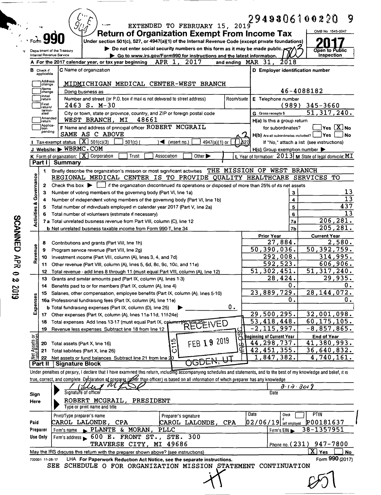 Image of first page of 2017 Form 990 for Mymichigan Medical Center West Branch