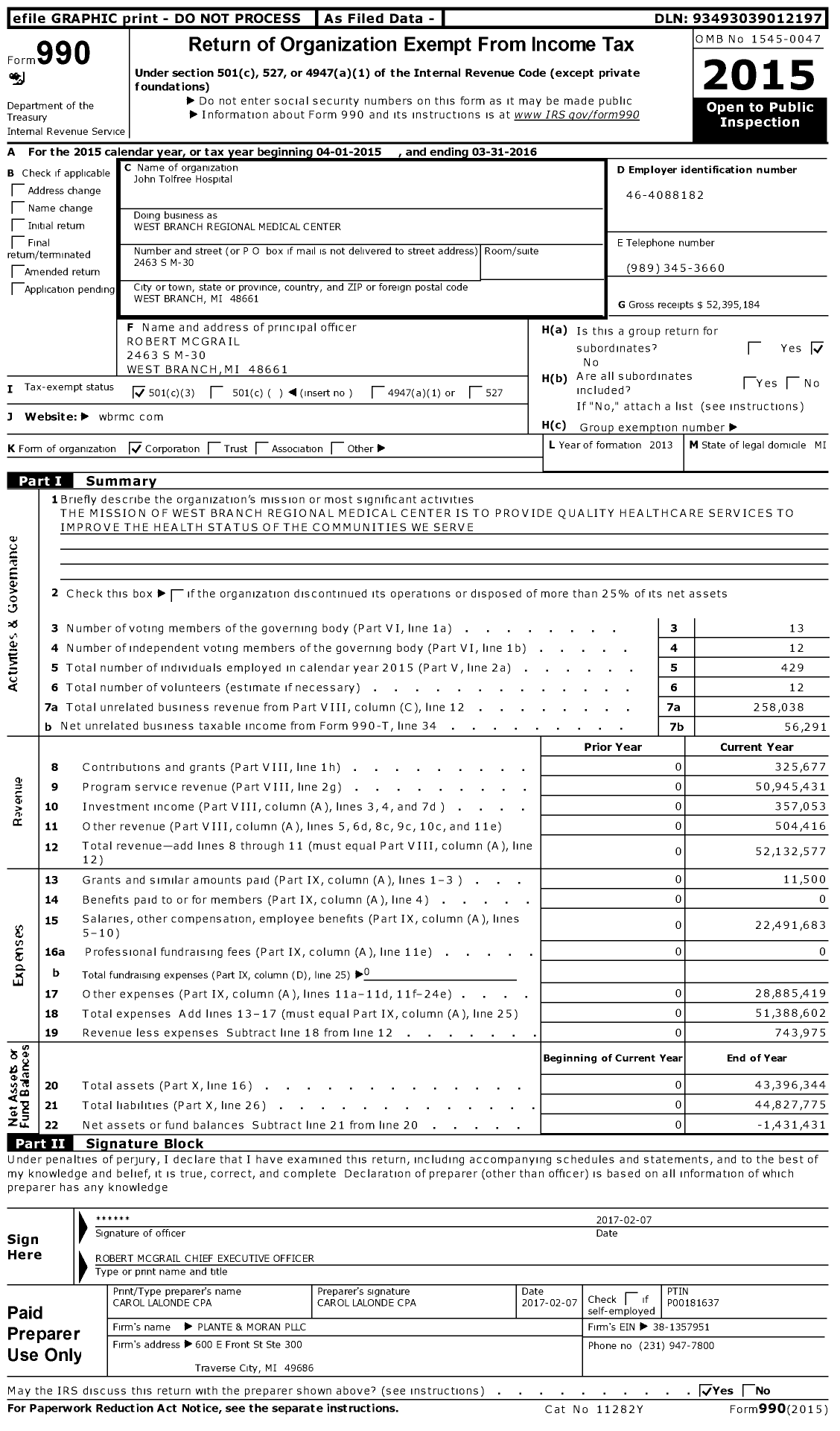 Image of first page of 2015 Form 990 for Mymichigan Medical Center West Branch