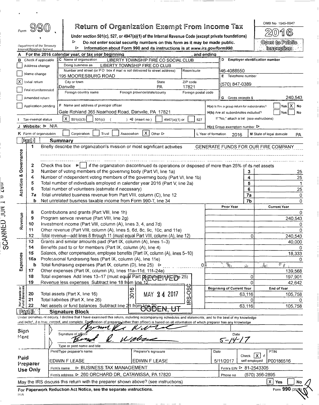 Image of first page of 2016 Form 990 for Liberty Township Fire Company Social Club