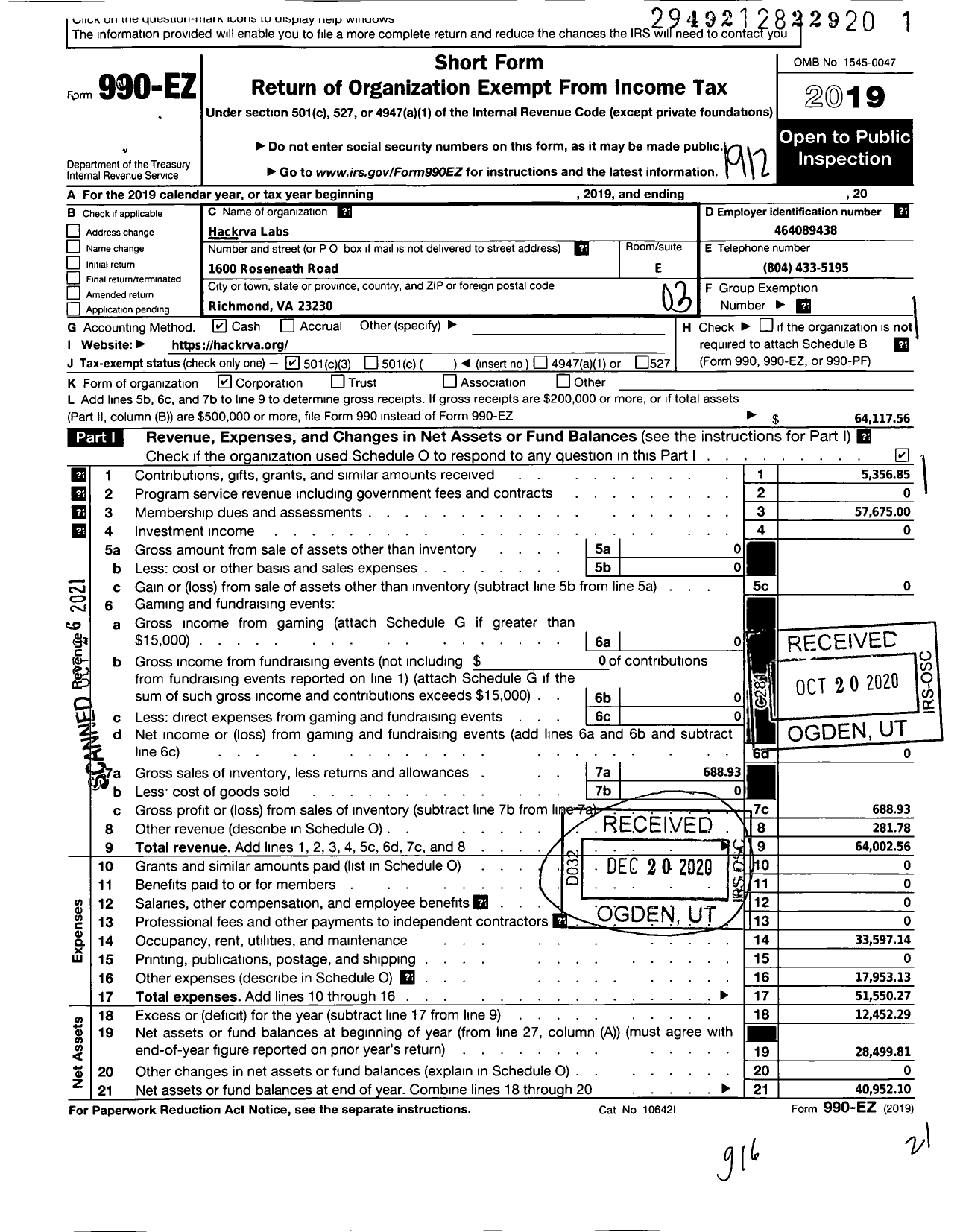 Image of first page of 2019 Form 990EZ for Hackrva Labs