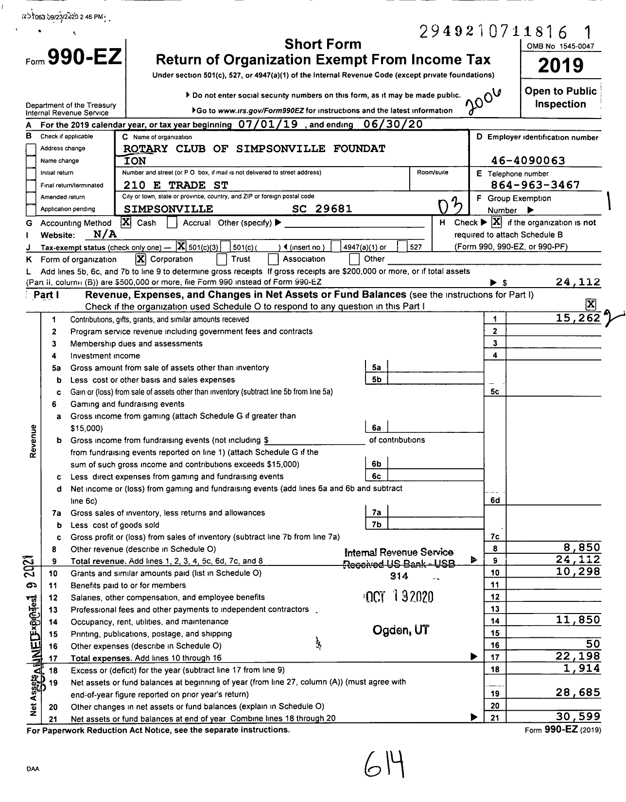 Image of first page of 2019 Form 990EZ for Rotary Club of Simpsonville Foundation