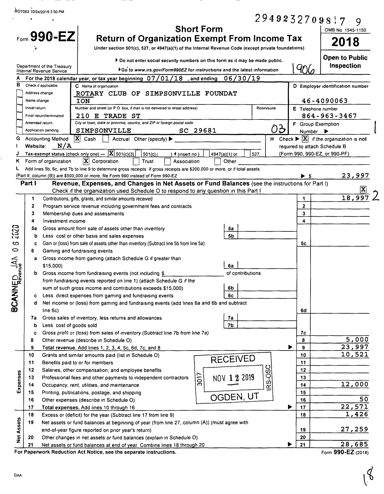 Image of first page of 2018 Form 990EZ for Rotary Club of Simpsonville Foundation