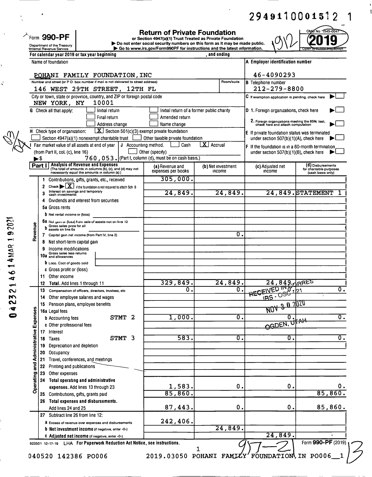 Image of first page of 2019 Form 990PF for Pohani Family Foundation