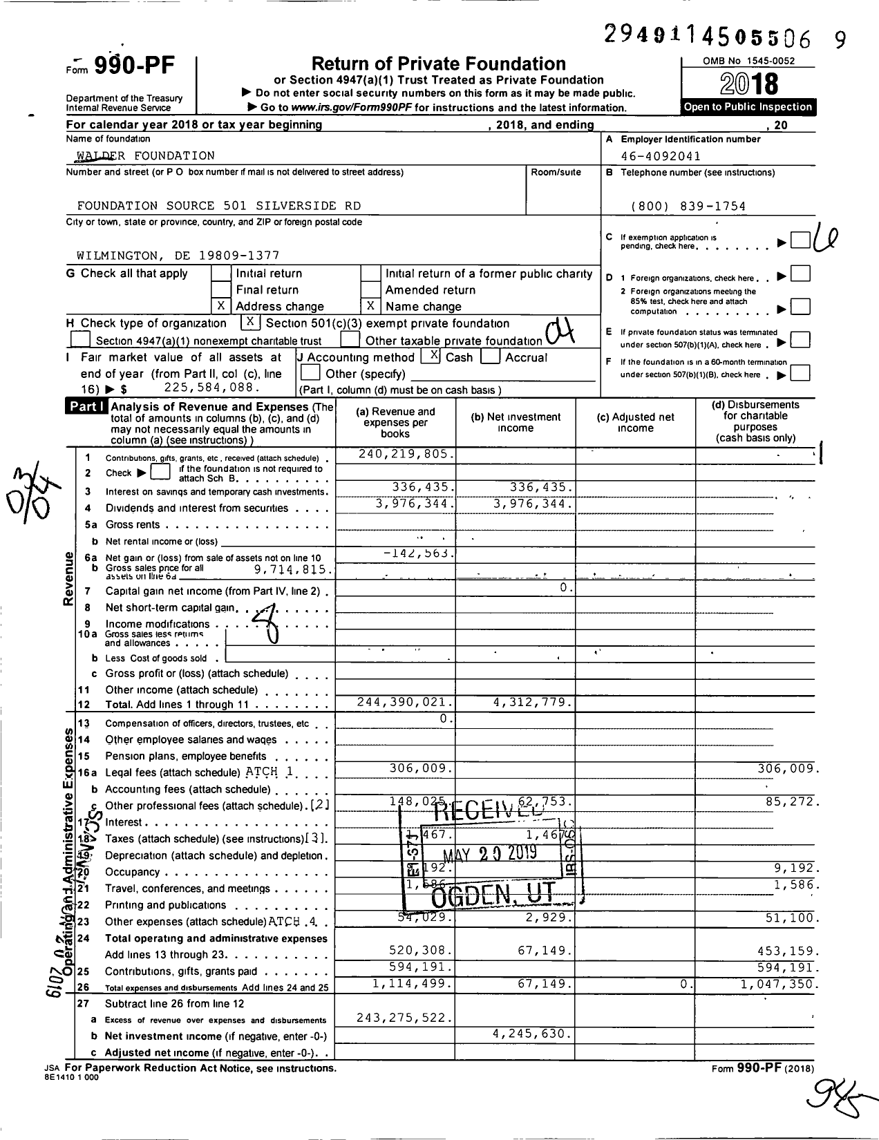 Image of first page of 2018 Form 990PF for Walder Foundation