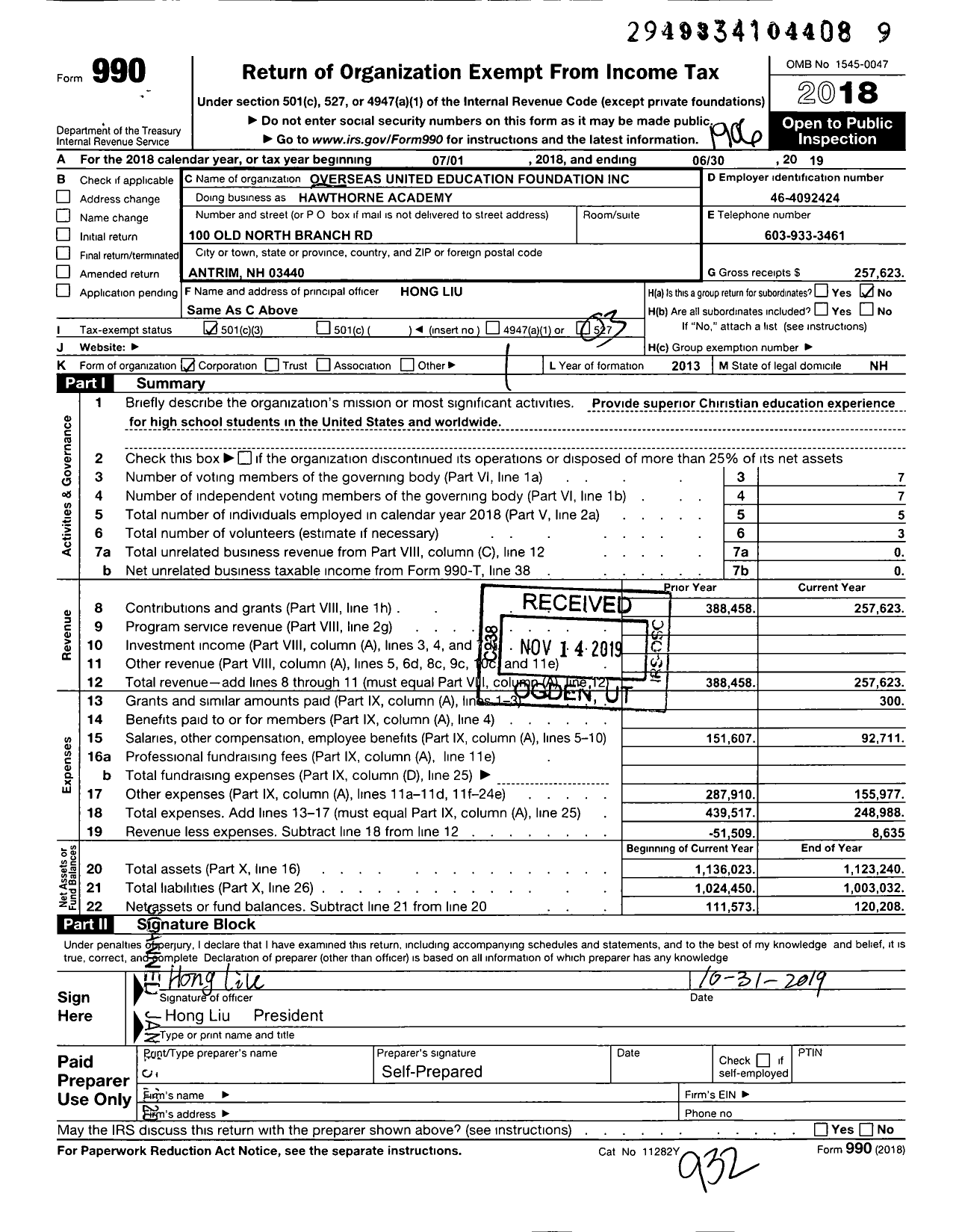 Image of first page of 2018 Form 990 for Hawthorne Academy