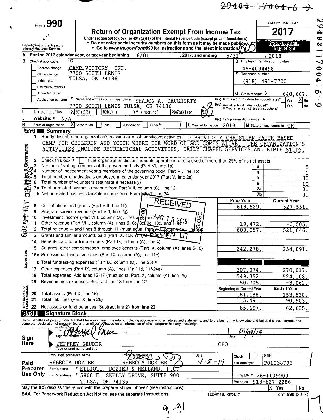 Image of first page of 2017 Form 990 for Camp Victory