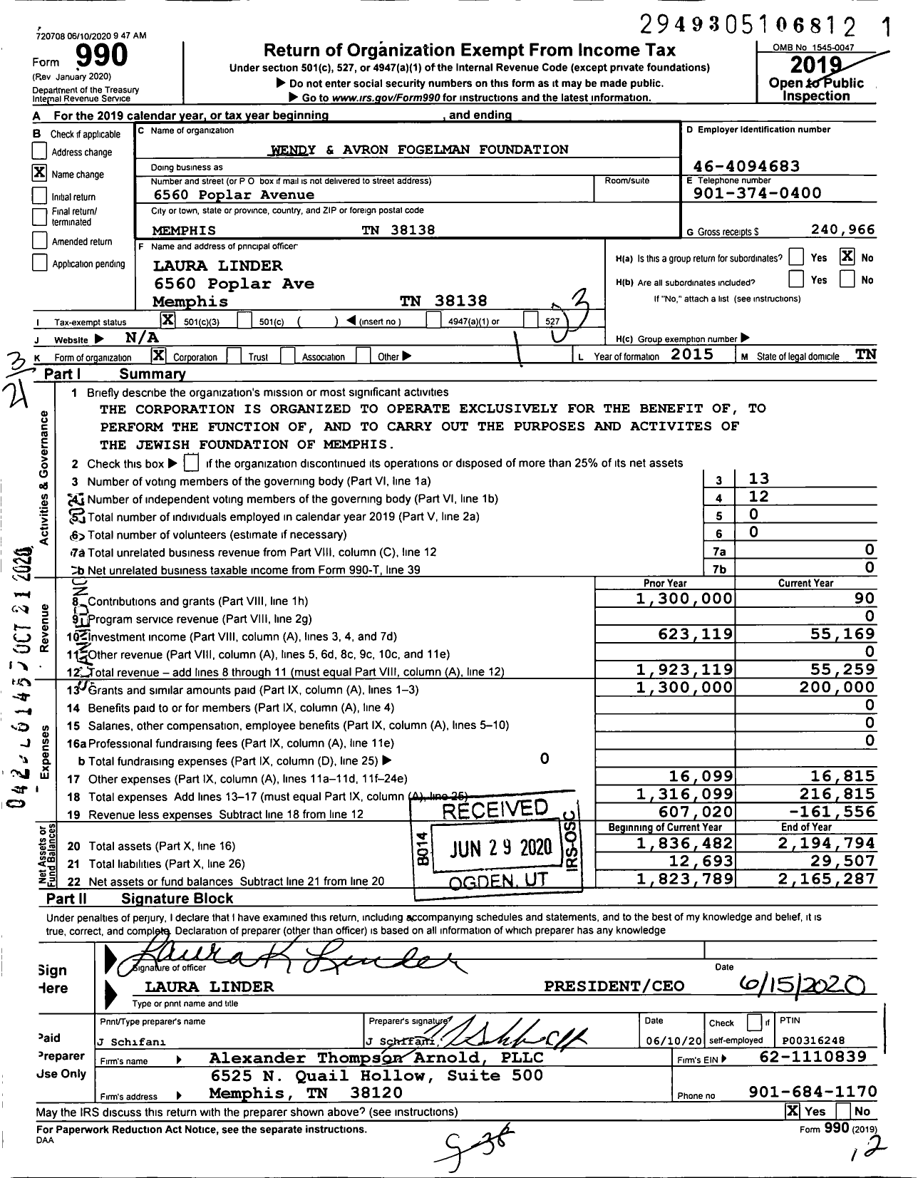 Image of first page of 2019 Form 990 for Wendy and Avron Fogelman Foundation