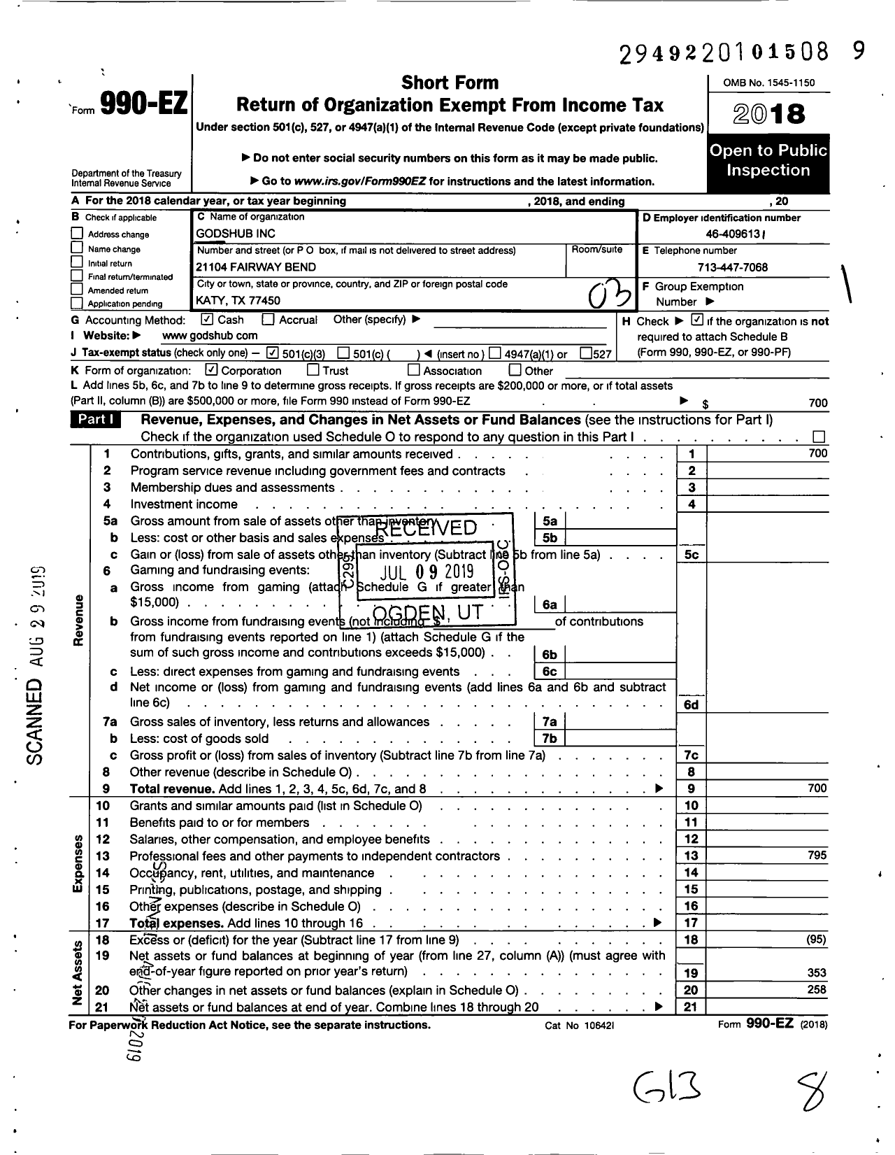 Image of first page of 2018 Form 990EZ for Godshub LLC