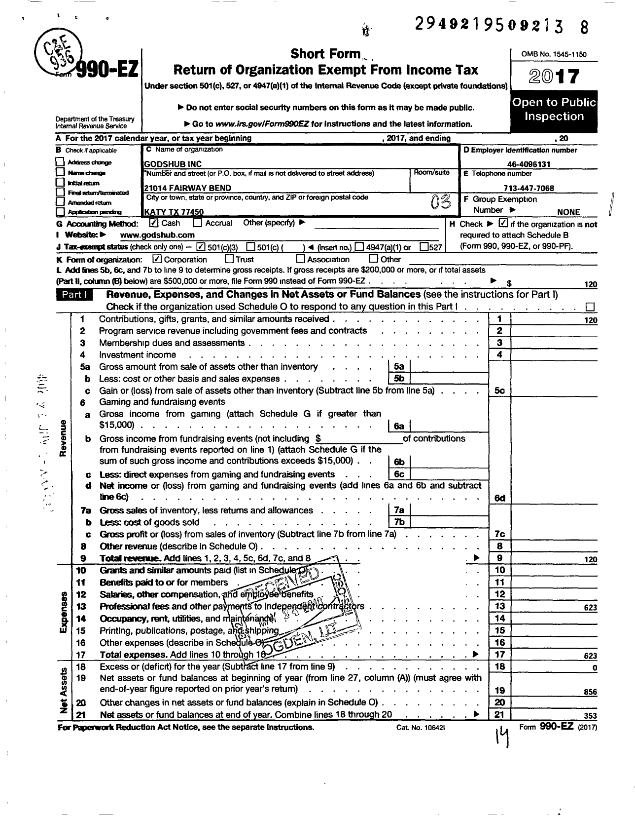 Image of first page of 2017 Form 990EZ for Godshub LLC