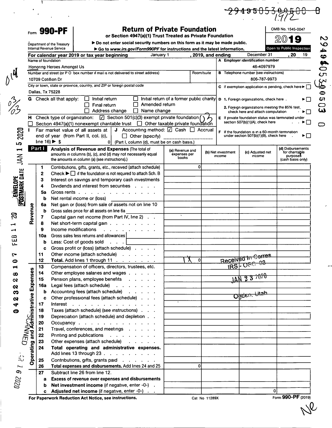 Image of first page of 2019 Form 990PR for Honoring Heroes Amongst Us