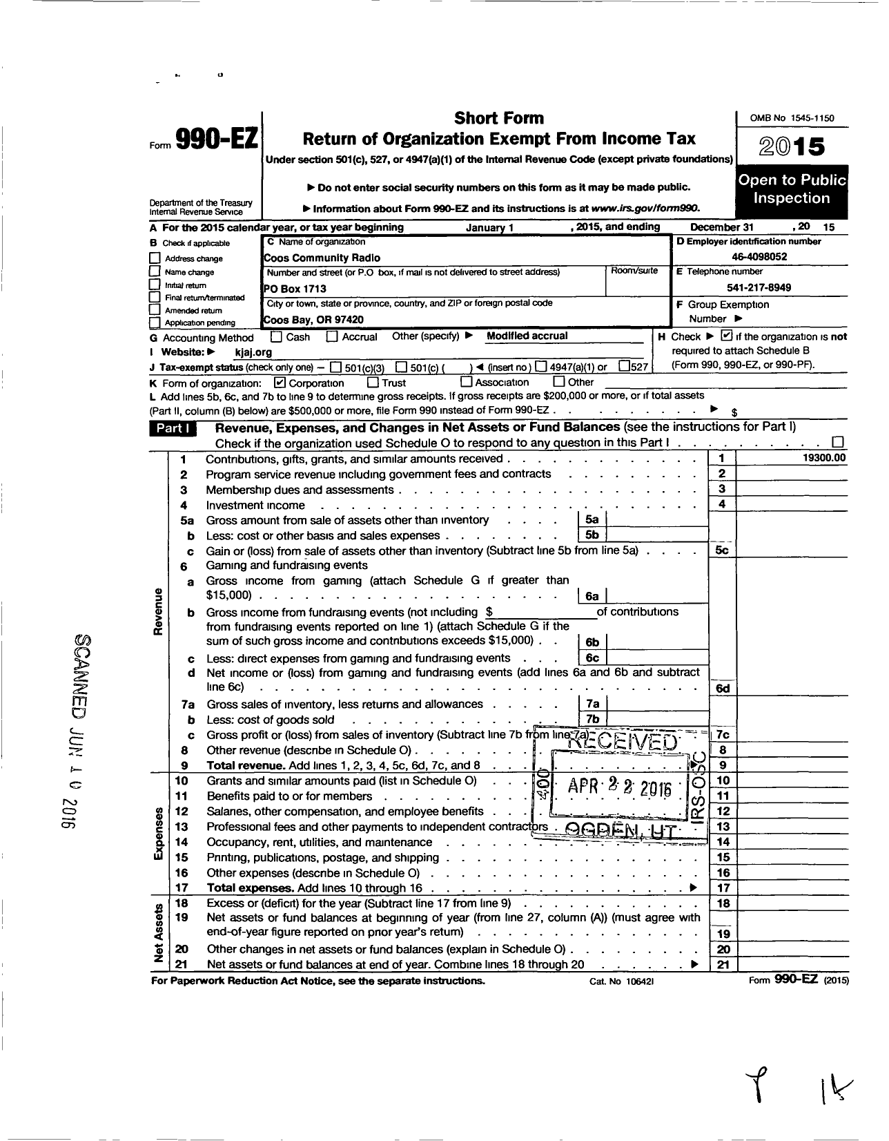 Image of first page of 2015 Form 990EO for Coos Community Radio