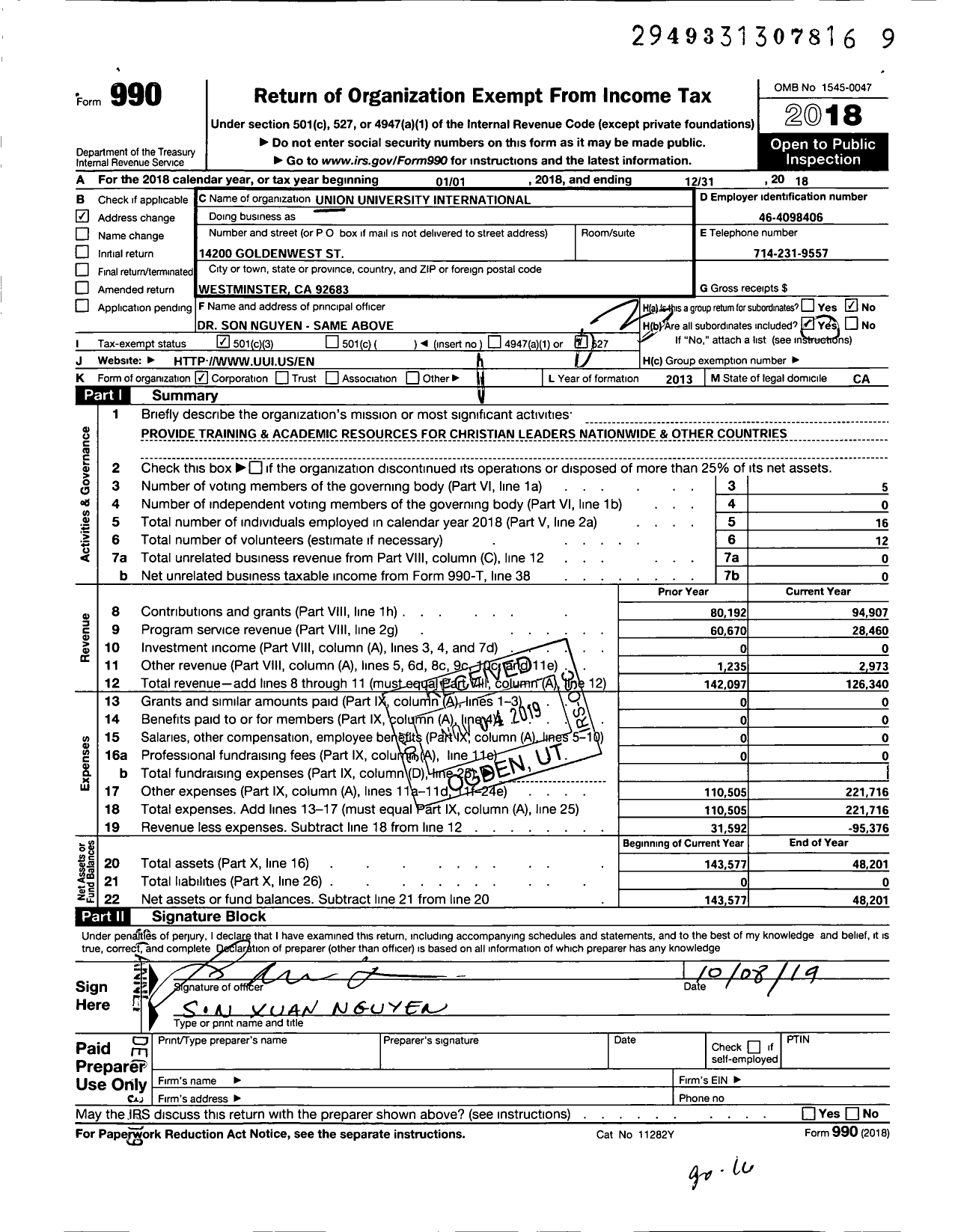 Image of first page of 2018 Form 990 for Union University International