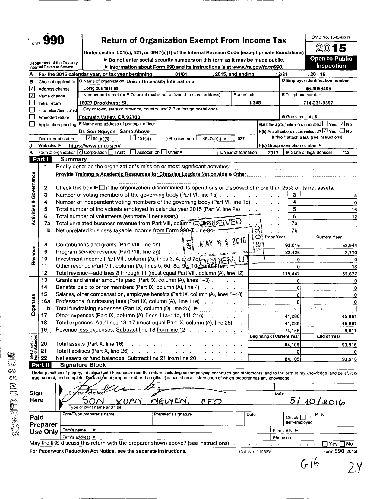 Image of first page of 2015 Form 990 for Union University International