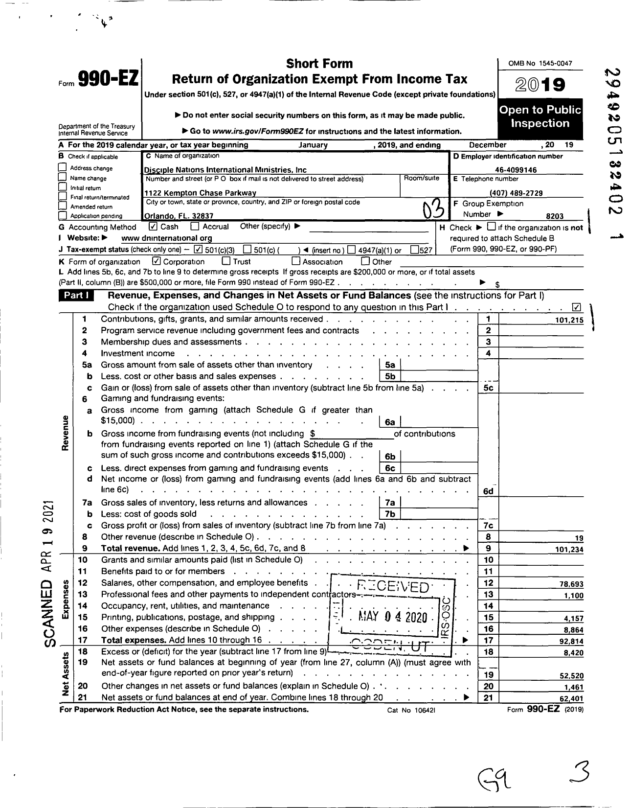 Image of first page of 2019 Form 990EZ for Disciple Nations International Ministries