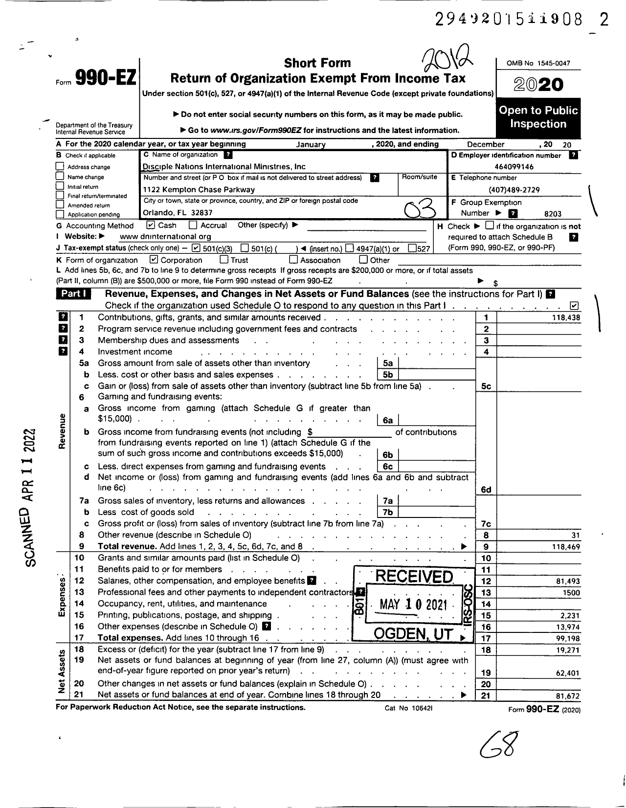 Image of first page of 2020 Form 990EZ for Disciple Nations International Ministries