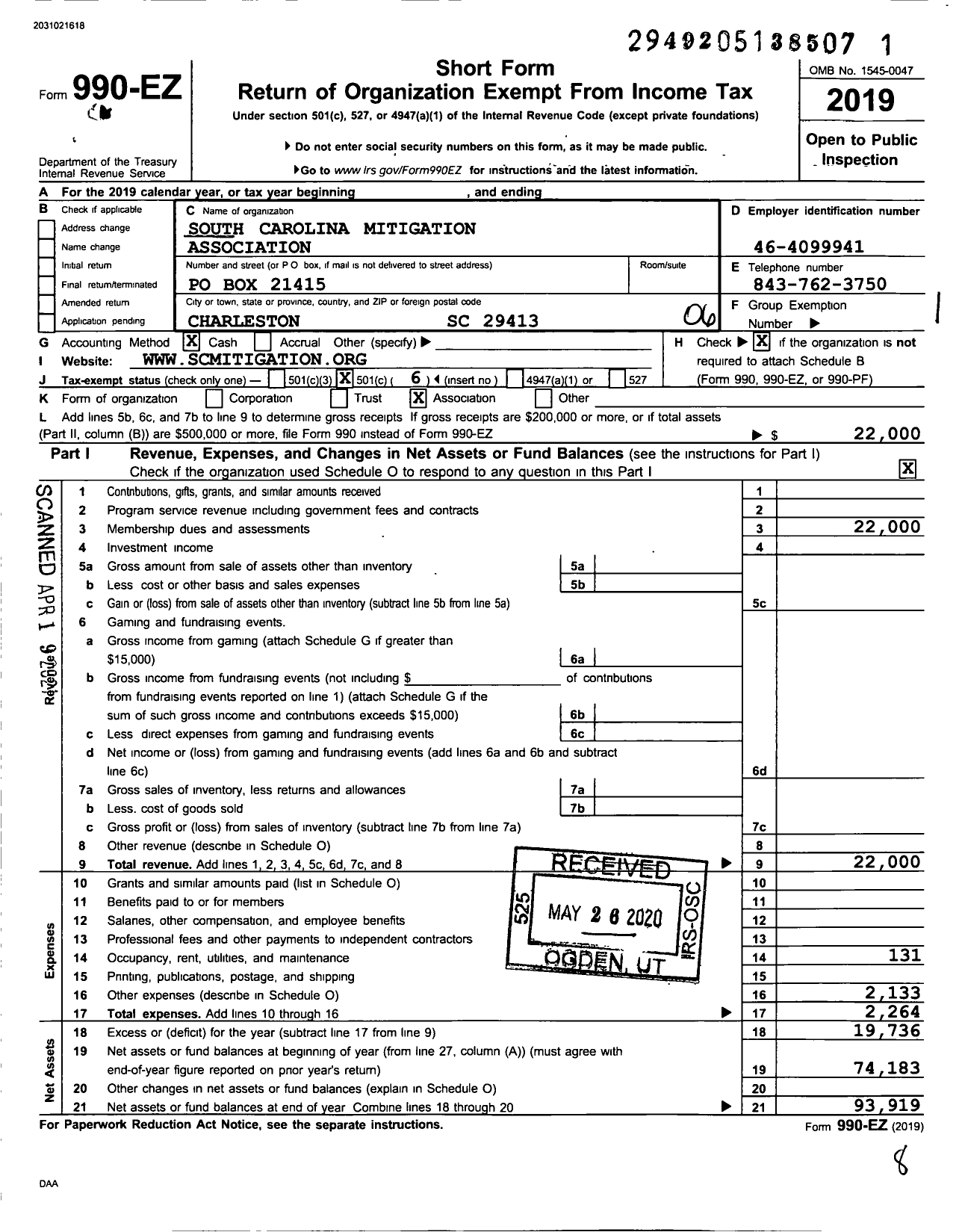 Image of first page of 2019 Form 990EO for South Carolina Mitigation Association