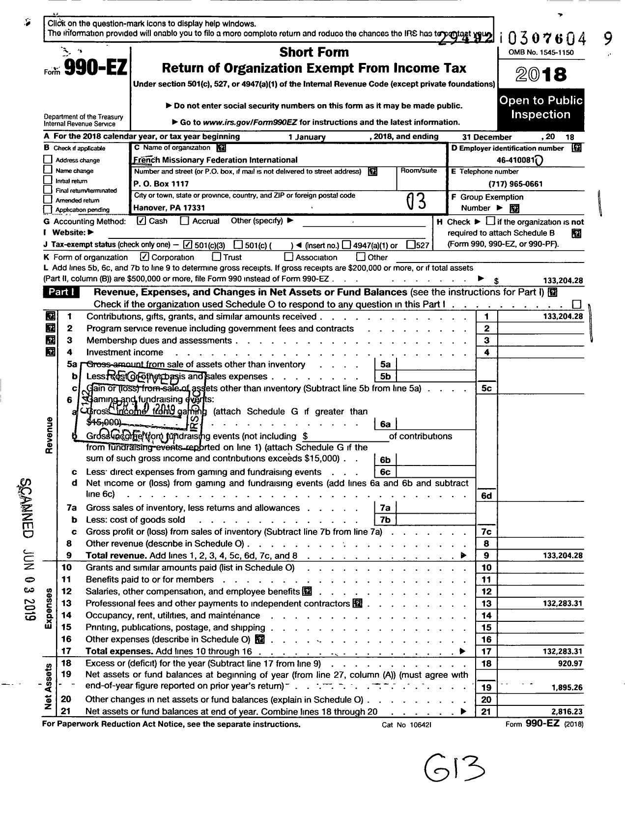 Image of first page of 2018 Form 990EZ for French Missionary Federation International