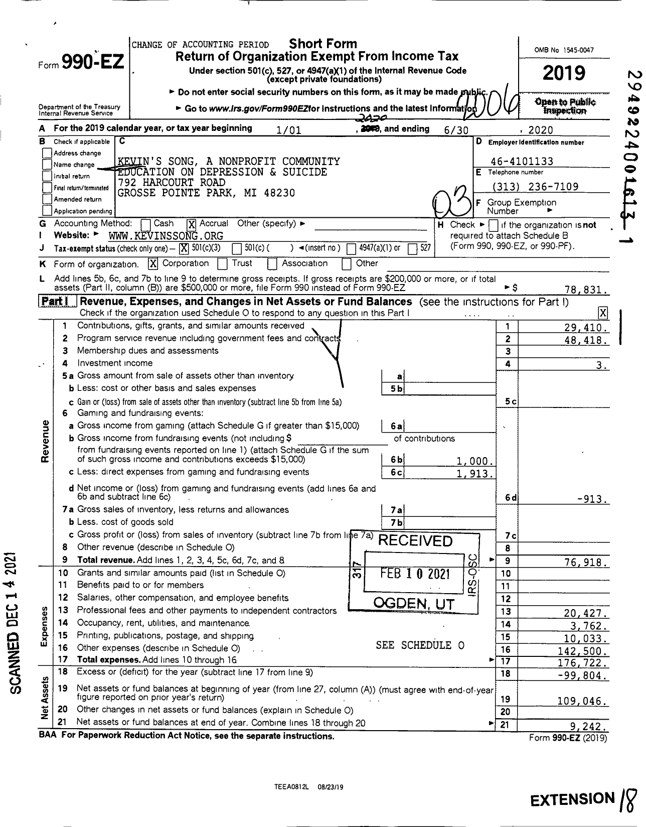 Image of first page of 2019 Form 990EZ for Kevins Song A Nonprofit Community Education on Depression and Suicide