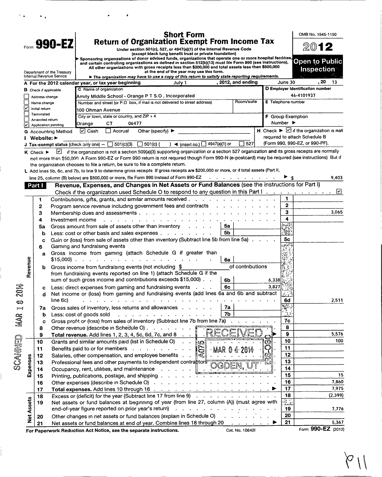 Image of first page of 2012 Form 990EO for Amity Middle School Orange PTSO