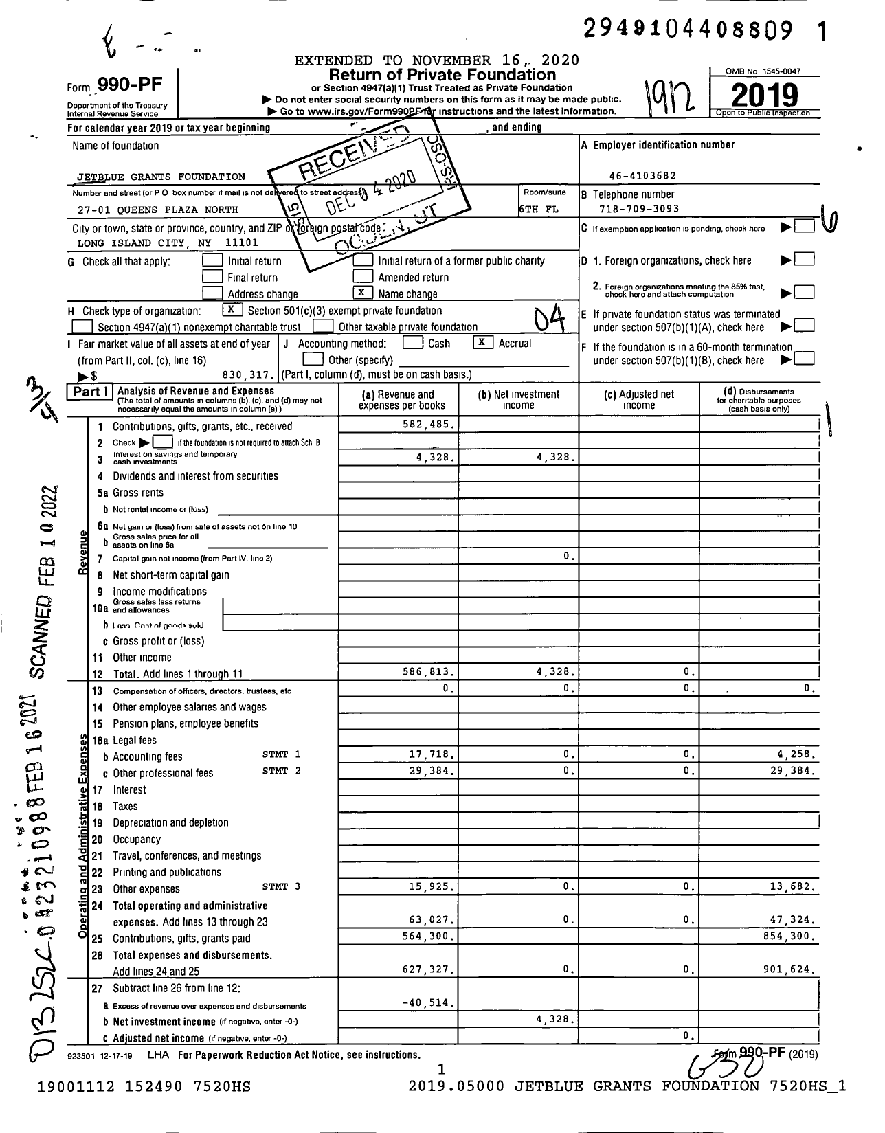 Image of first page of 2019 Form 990PF for Jetblue Grants Foundation
