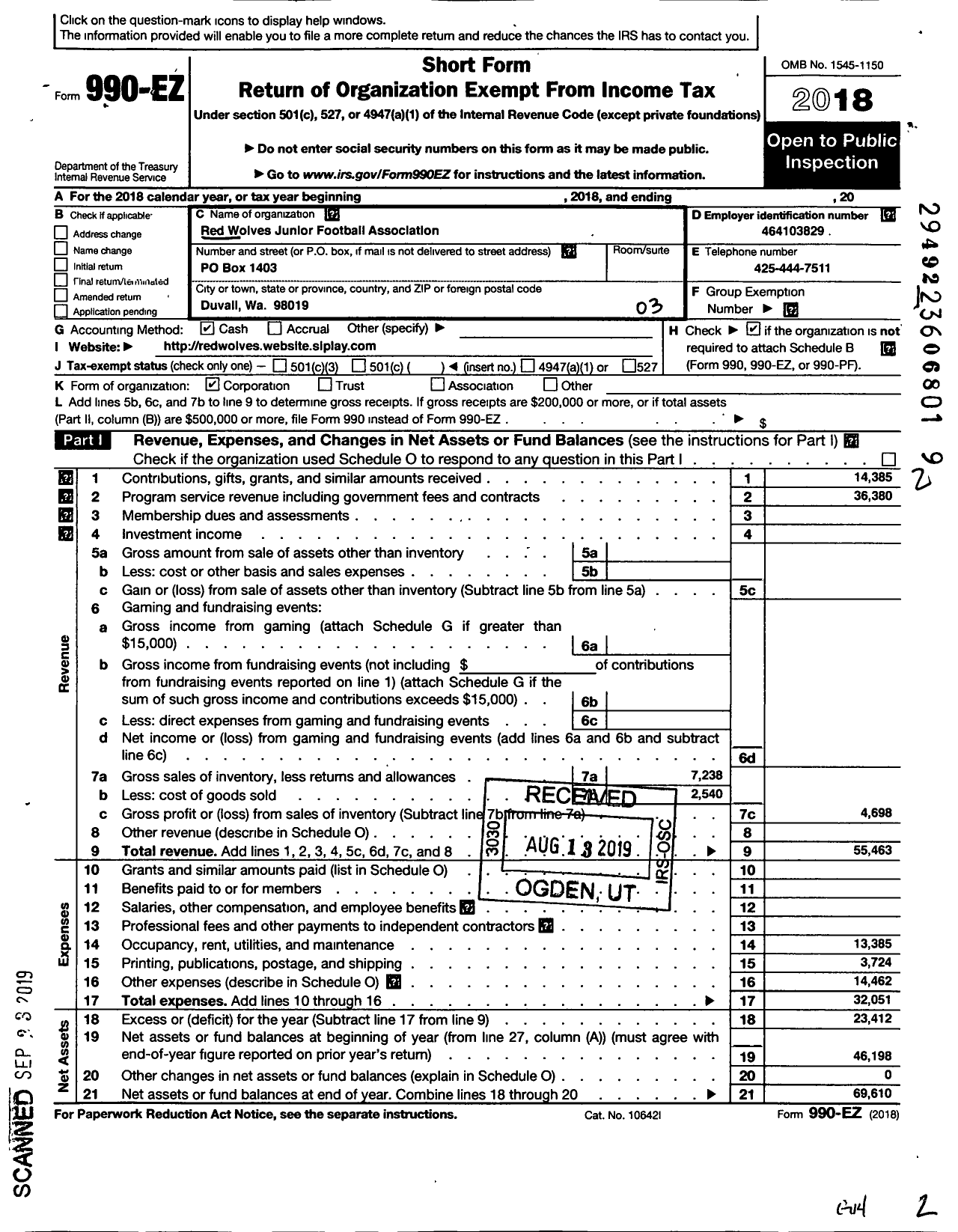 Image of first page of 2018 Form 990EZ for Red Wolves Junior Football Association