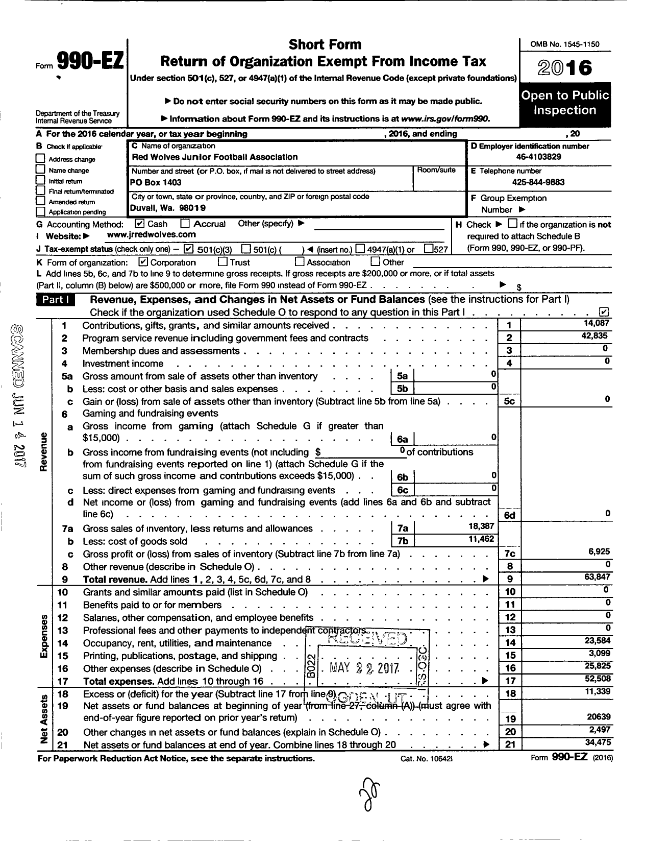 Image of first page of 2016 Form 990EZ for Red Wolves Junior Football Association