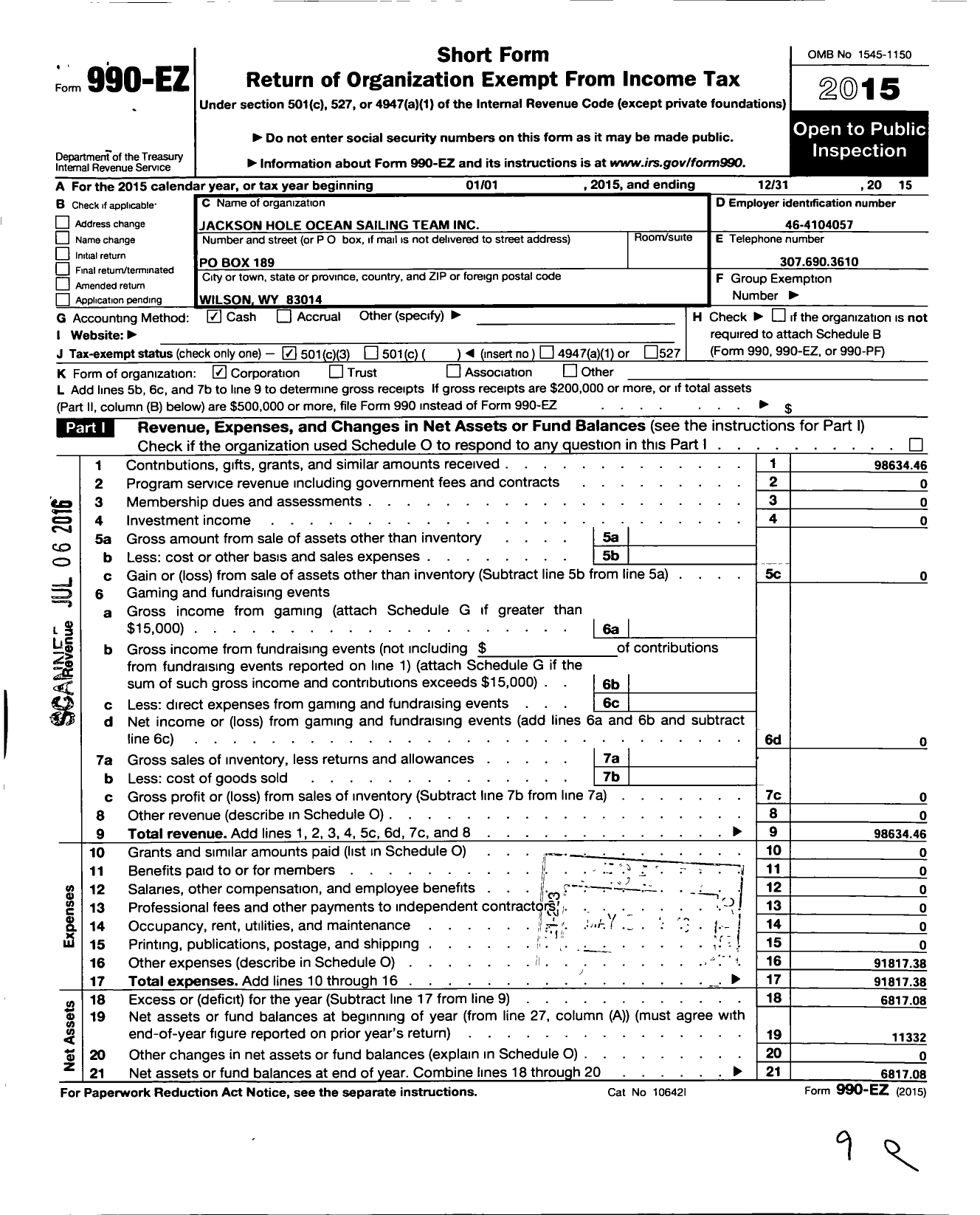 Image of first page of 2015 Form 990EZ for Jackson Hole Ocean Sailing Team