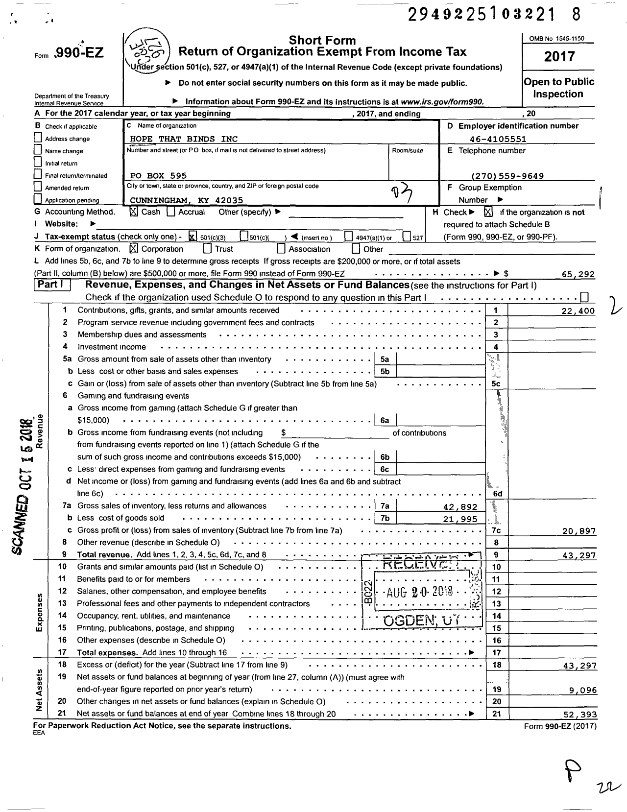 Image of first page of 2017 Form 990EZ for Hope That Binds