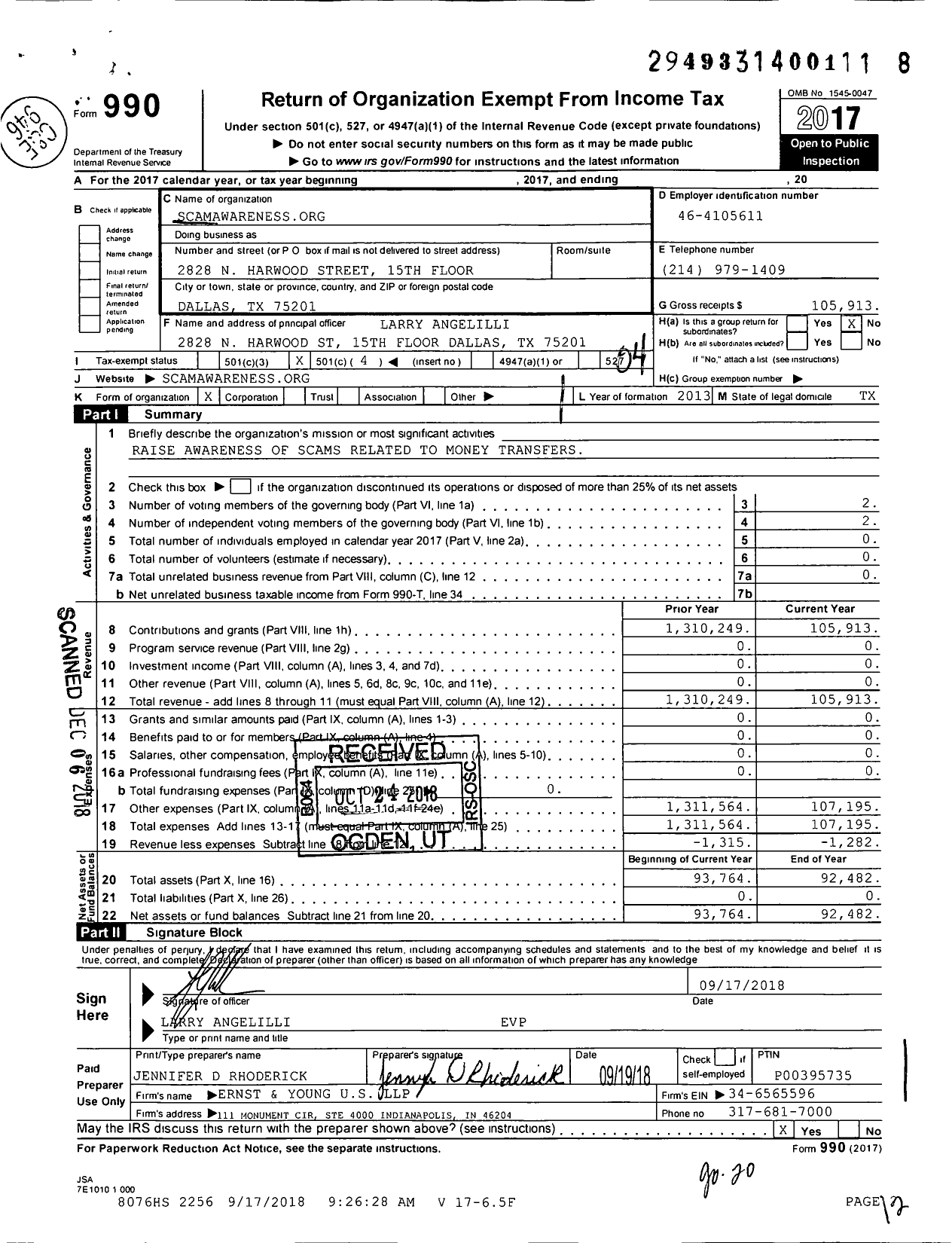 Image of first page of 2017 Form 990O for Scamawarenessorg