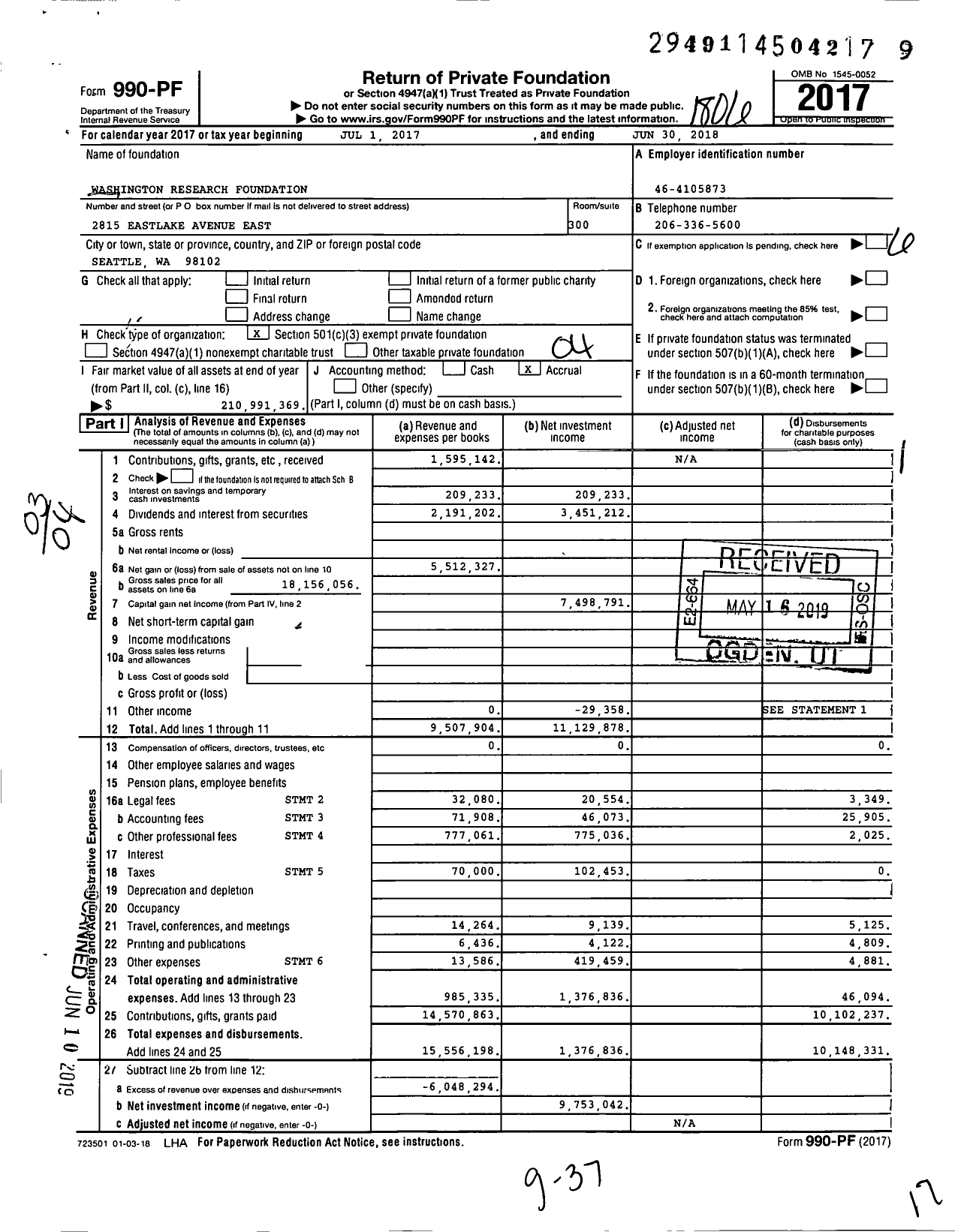 Image of first page of 2017 Form 990PF for Washington Research Foundation