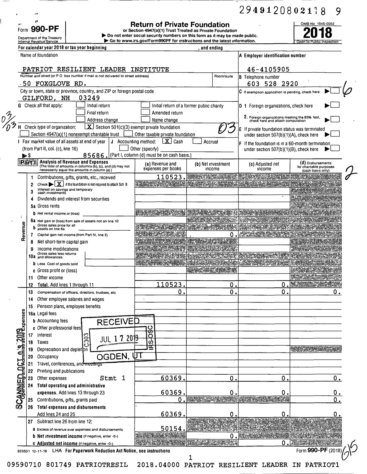 Image of first page of 2018 Form 990PF for Patriot Resilient Leader Institute