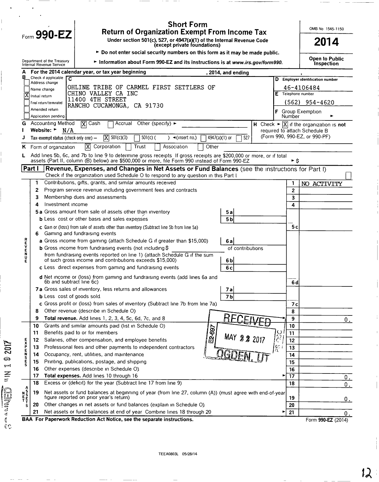 Image of first page of 2014 Form 990EZ for Ohlone Tribe of Carmel First Settler of Chino Valley CA