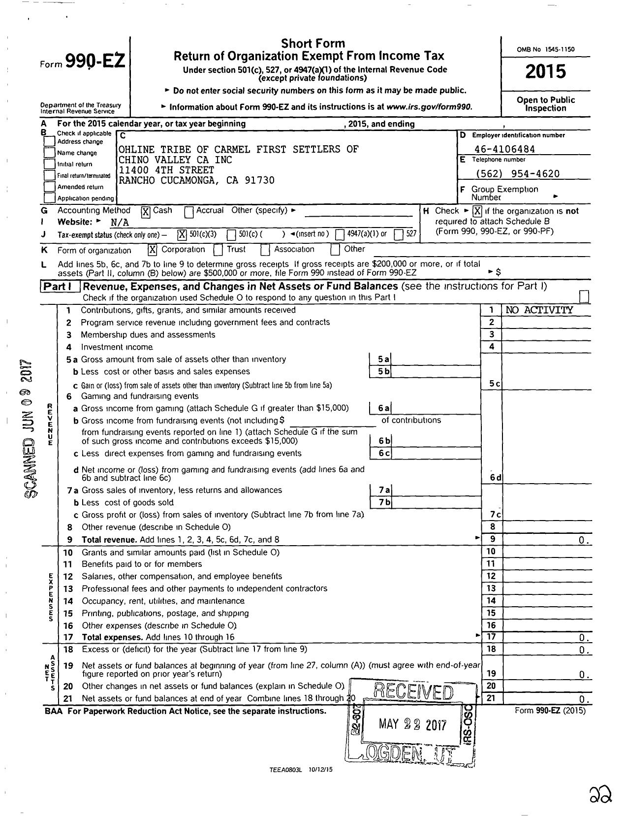 Image of first page of 2015 Form 990EZ for Ohlone Tribe of Carmel First Settler of Chino Valley CA