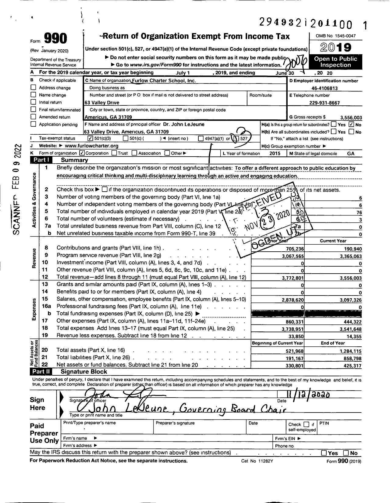 Image of first page of 2019 Form 990 for Furlow Charter School