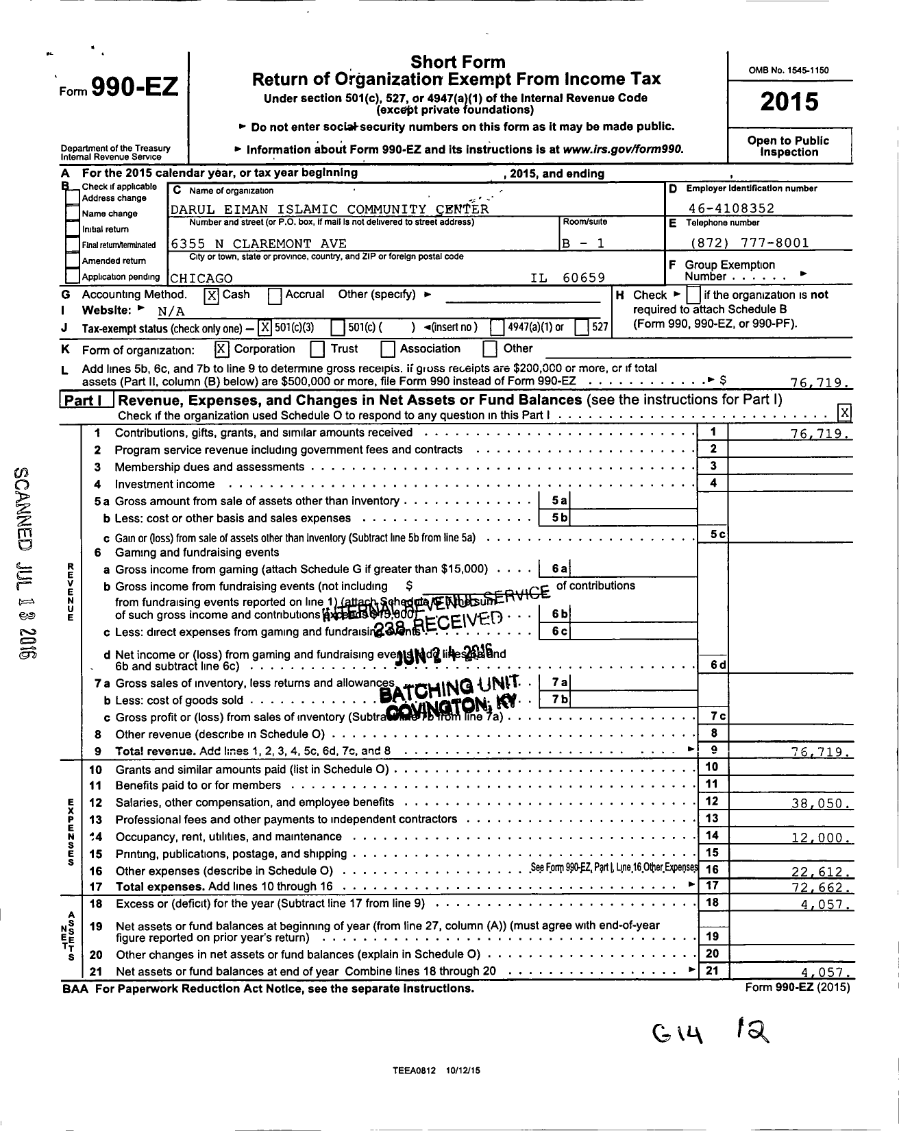 Image of first page of 2015 Form 990EZ for Darul Eiman Islamic Community Centr