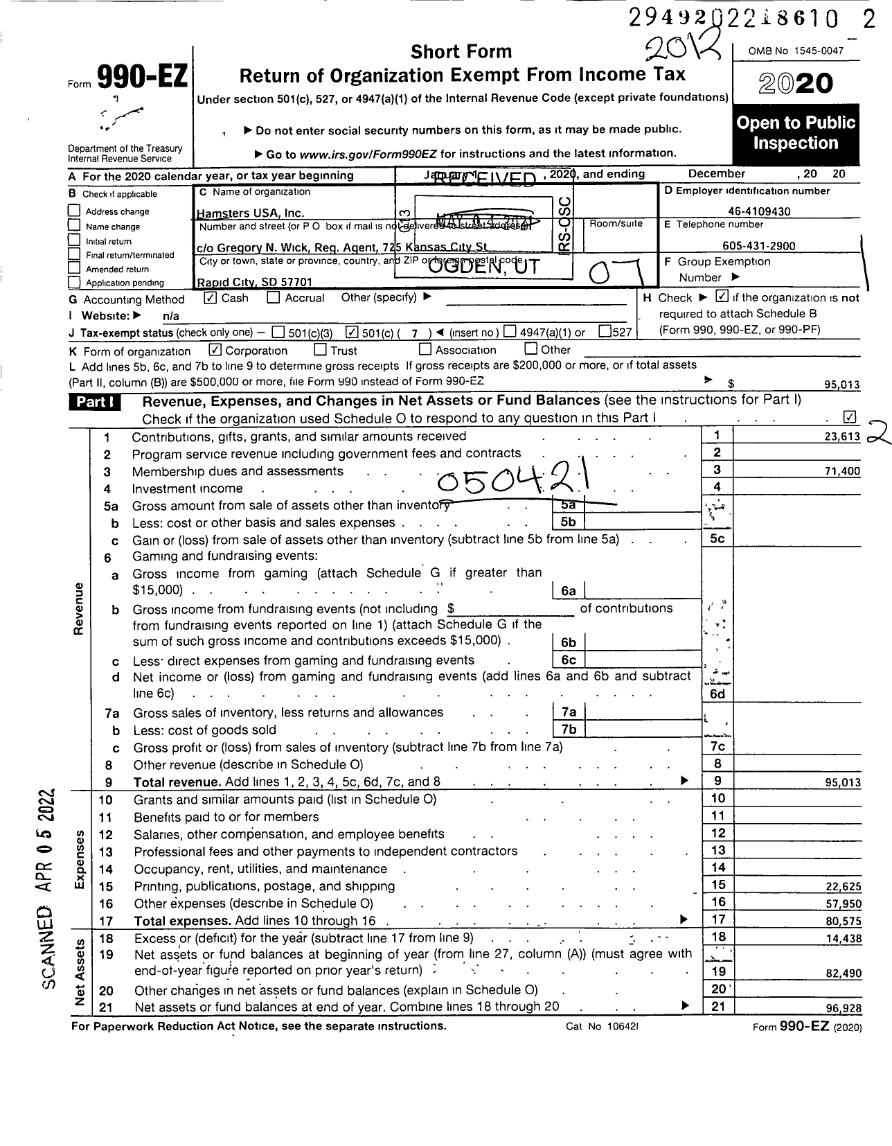 Image of first page of 2020 Form 990EO for Hamsters USA