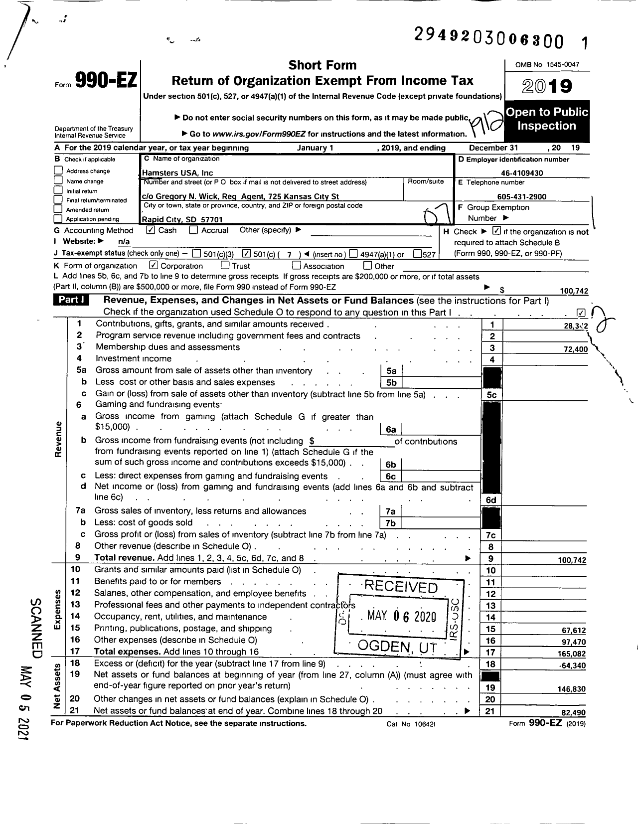 Image of first page of 2019 Form 990EO for Hamsters USA