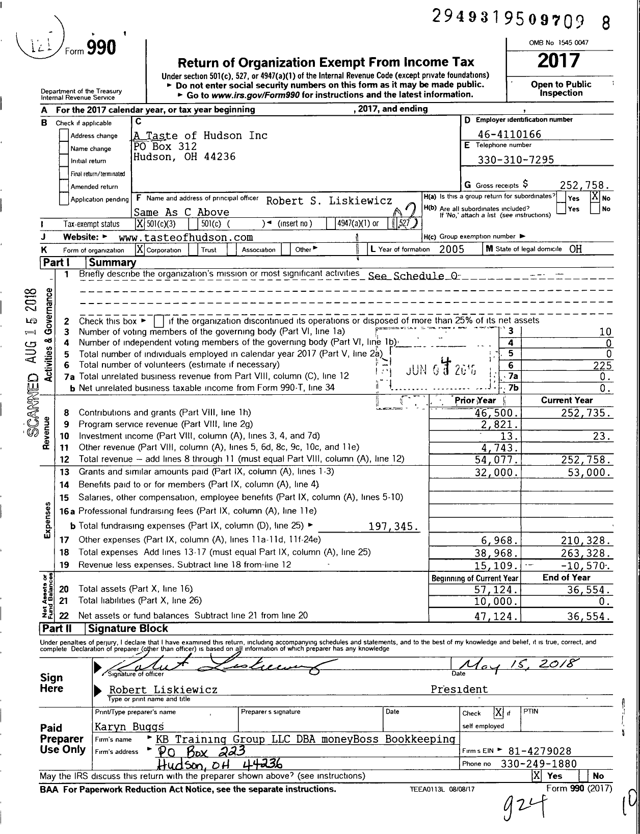 Image of first page of 2017 Form 990 for A Taste of Hudson