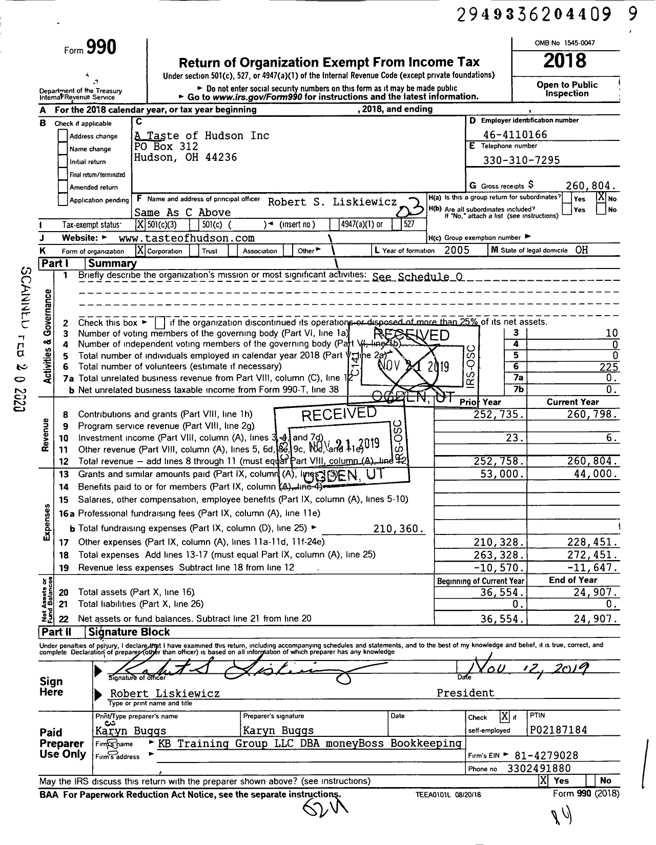 Image of first page of 2018 Form 990 for A Taste of Hudson