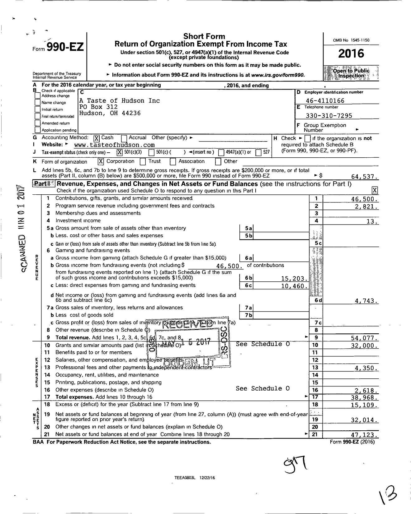 Image of first page of 2016 Form 990EZ for A Taste of Hudson