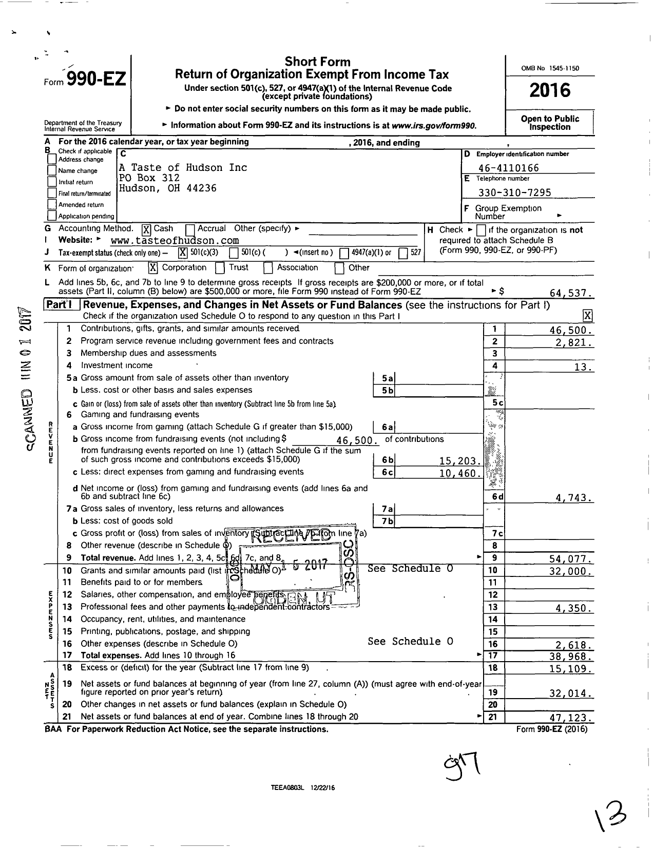 Image of first page of 2016 Form 990EZ for A Taste of Hudson