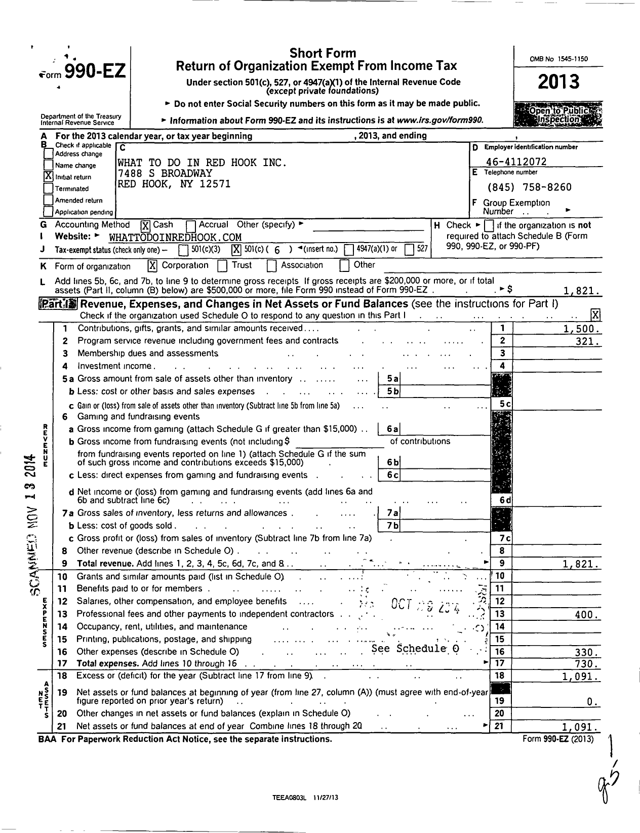 Image of first page of 2013 Form 990EO for What To Do in Red Hook