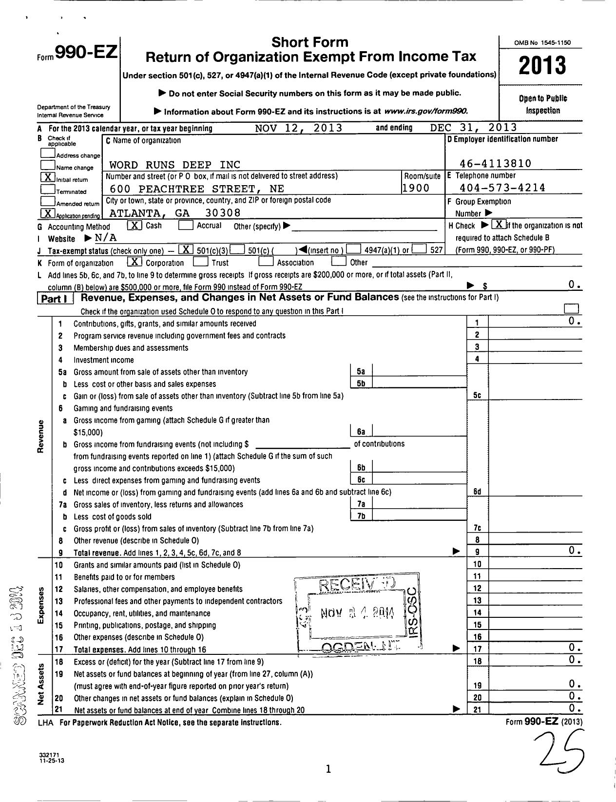 Image of first page of 2013 Form 990EZ for Word Runs Deep