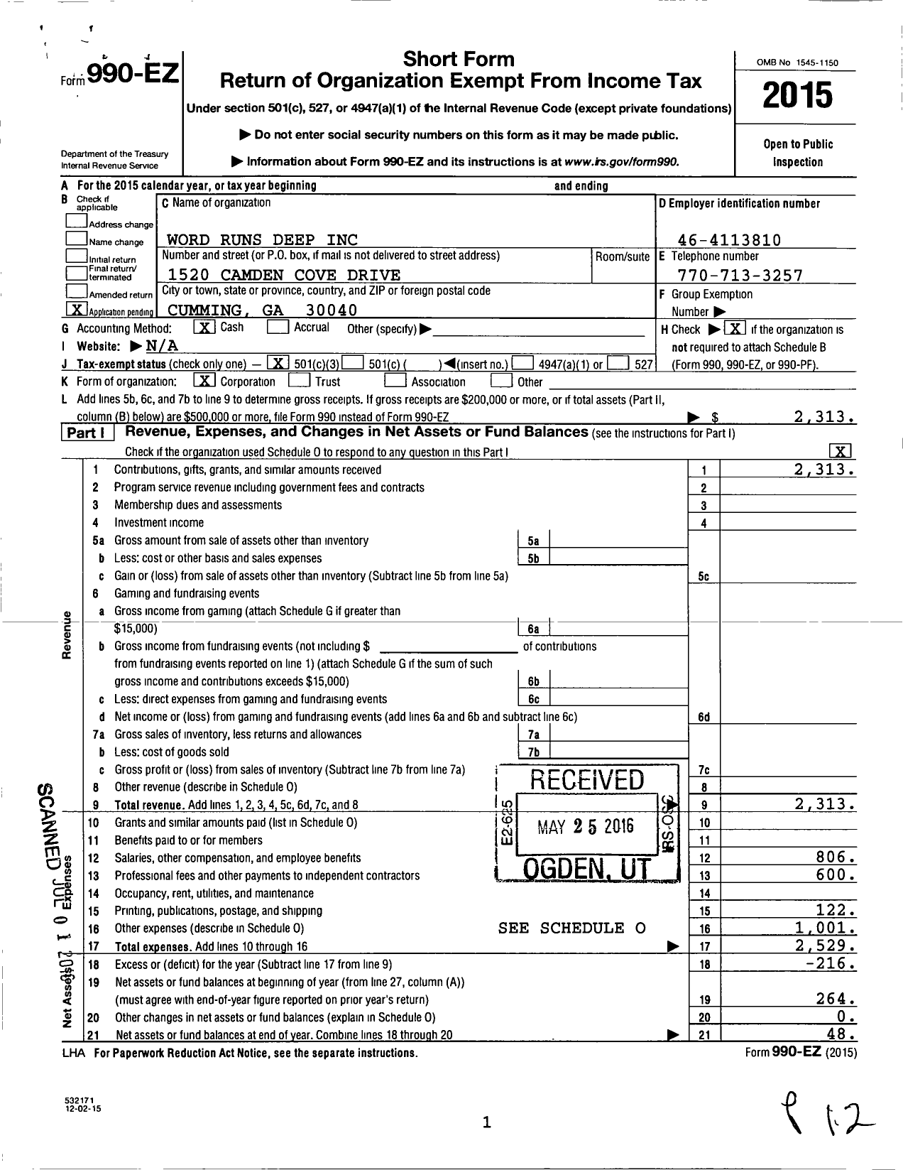 Image of first page of 2015 Form 990EZ for Word Runs Deep